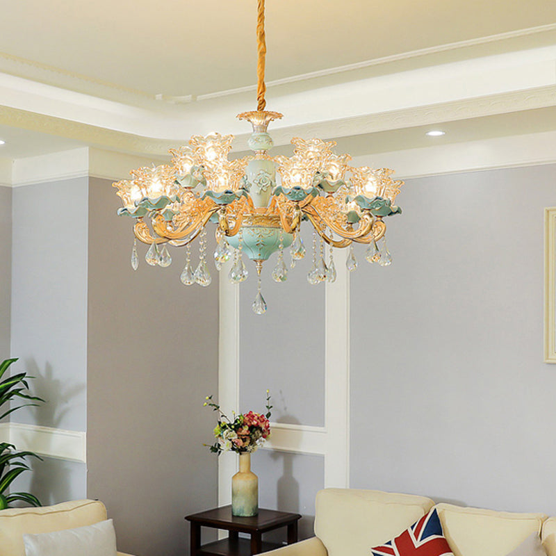 Vintage Ruffle Glass Flower Chandelier With Hanging Crystal - Blue Pendant Light For Living Room