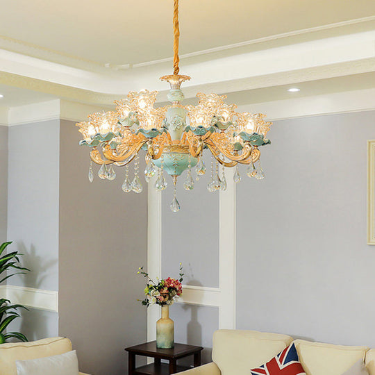 Vintage Ruffle Glass Flower Chandelier With Hanging Crystal - Blue Pendant Light For Living Room 12