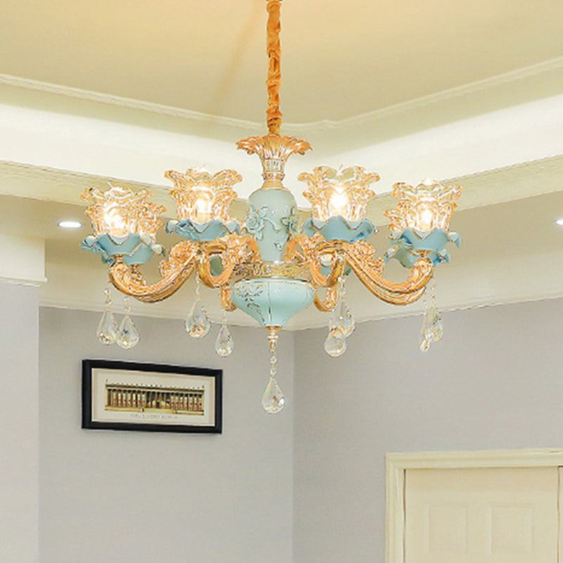 Vintage Ruffle Glass Flower Chandelier With Hanging Crystal - Blue Pendant Light For Living Room