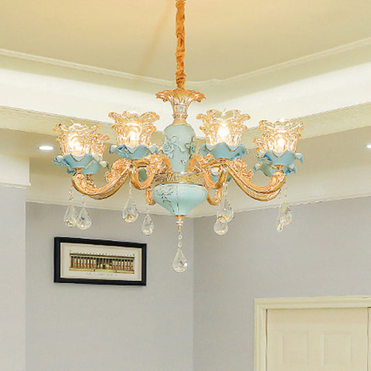 Vintage Ruffle Glass Flower Chandelier With Hanging Crystal - Blue Pendant Light For Living Room 10