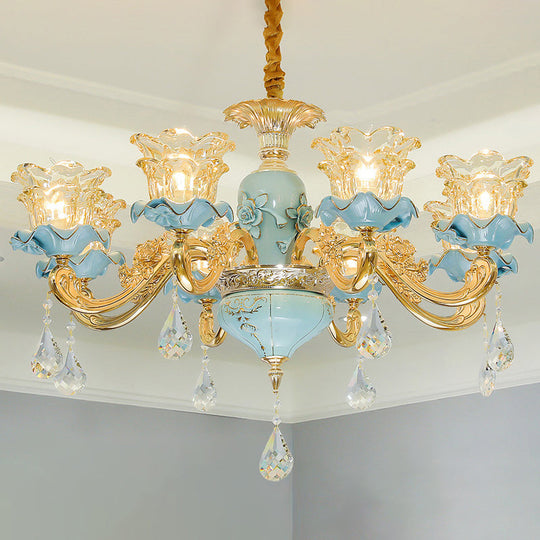 Vintage Ruffle Glass Flower Chandelier With Hanging Crystal - Blue Pendant Light For Living Room