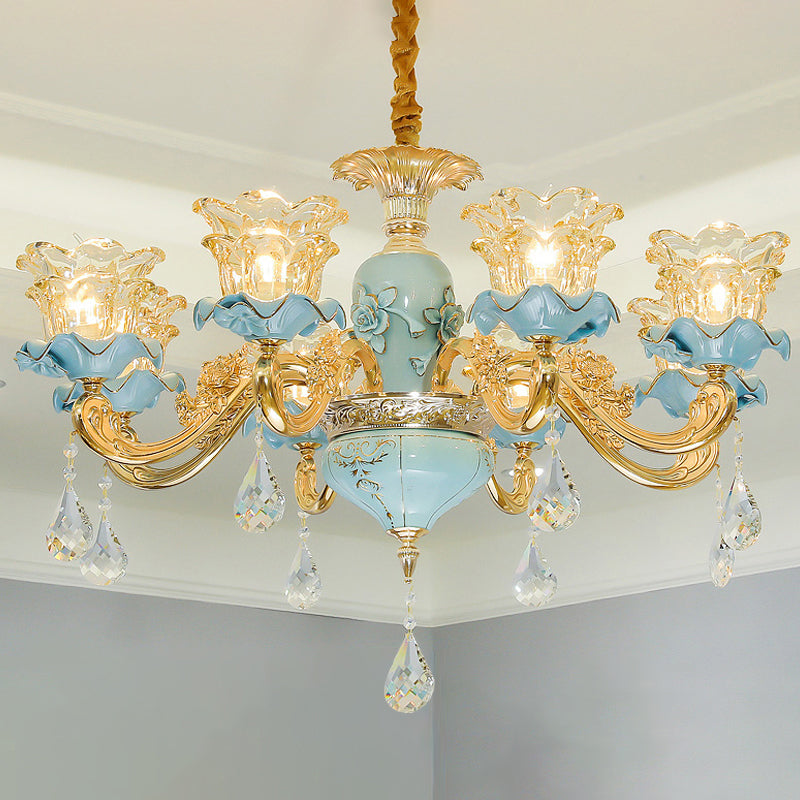 Vintage Ruffle Glass Flower Chandelier With Hanging Crystal - Blue Pendant Light For Living Room 8 /