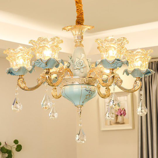 Vintage Ruffle Glass Flower Chandelier With Hanging Crystal - Blue Pendant Light For Living Room 6 /