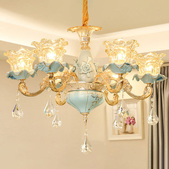 Vintage Ruffle Glass Flower Chandelier With Hanging Crystal - Blue Pendant Light For Living Room