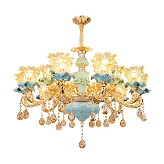 Blue Ruffle Flower Handblown Glass Chandelier With Crystal Draping - Retro Pendant Light