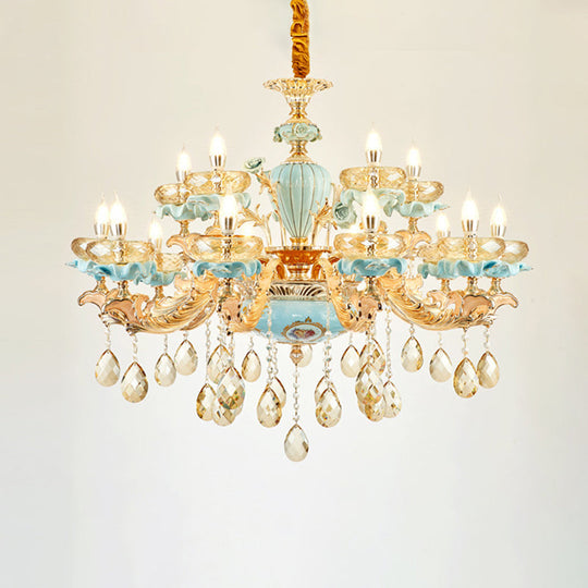 Retro Style Blue Suspension Light With Crystal Facets - Living Room Chandelier