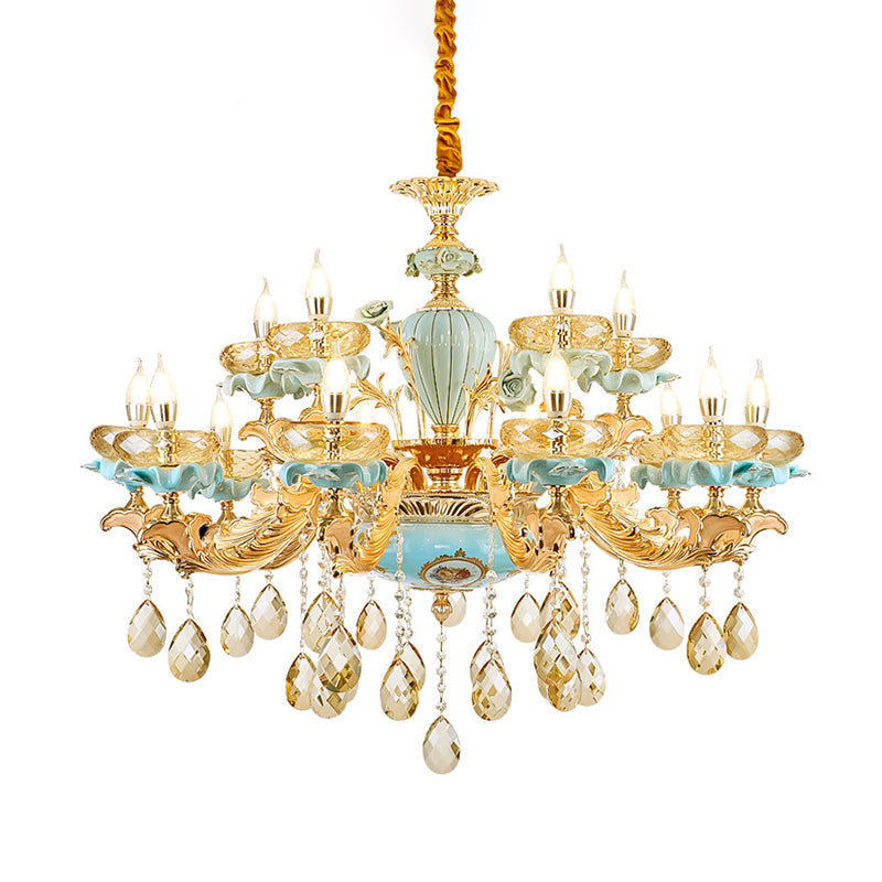 Retro Style Blue Suspension Light With Crystal Facets - Living Room Chandelier