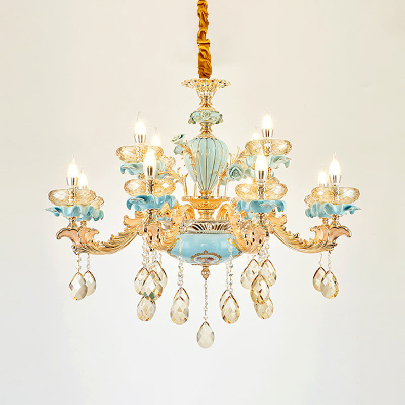 Retro Style Blue Suspension Light With Crystal Facets - Living Room Chandelier