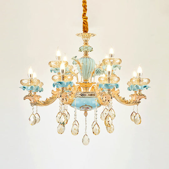 Retro Style Blue Suspension Light With Crystal Facets - Living Room Chandelier