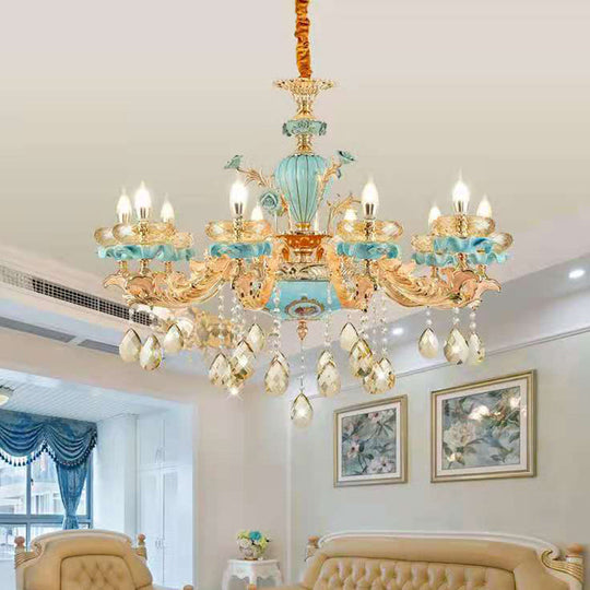 Retro Style Blue Suspension Light With Crystal Facets - Living Room Chandelier