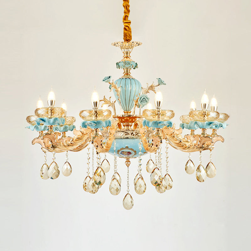 Retro Style Blue Suspension Light With Crystal Facets - Living Room Chandelier