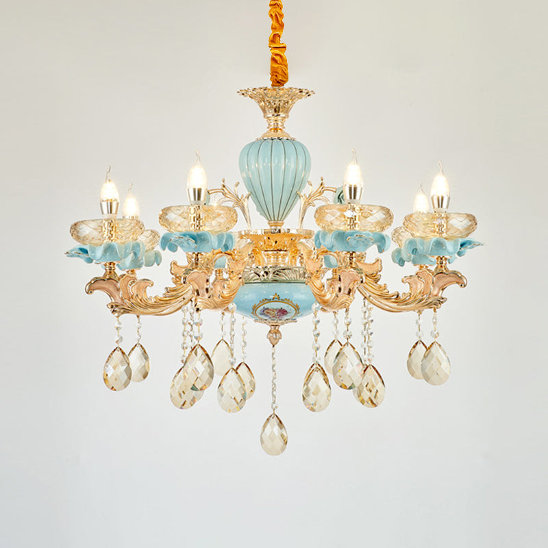 Retro Style Blue Suspension Light With Crystal Facets - Living Room Chandelier