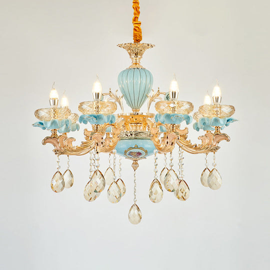 Retro Style Blue Suspension Light With Crystal Facets - Living Room Chandelier