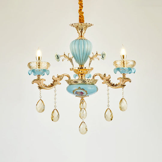 Retro Style Blue Suspension Light With Crystal Facets - Living Room Chandelier