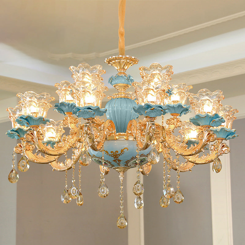 Blue Handblown Glass Chandelier: Classic Floral Pendant With Crystal Accent- Elegant Lighting