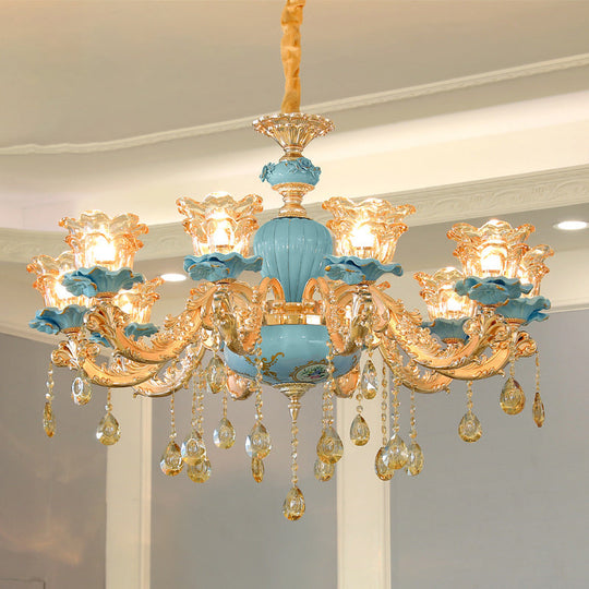 Blue Handblown Glass Chandelier: Classic Floral Pendant With Crystal Accent- Elegant Lighting