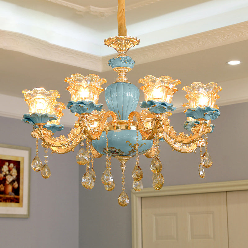 Blue Handblown Glass Chandelier: Classic Floral Pendant With Crystal Accent- Elegant Lighting