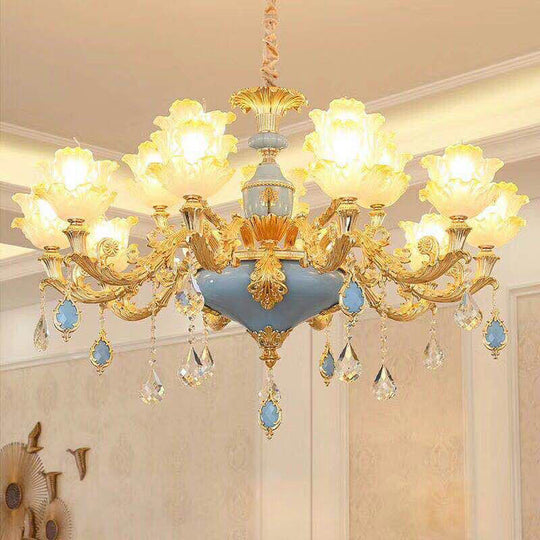 Ruffled Floral Ceiling Glass Chandelier With Crystal Accent - Traditional Lighting Fixture