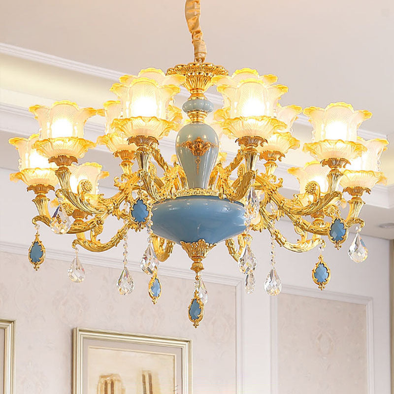 Ruffled Floral Ceiling Glass Chandelier With Crystal Accent - Traditional Lighting Fixture