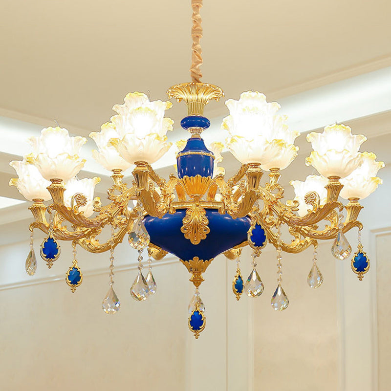 Ruffled Floral Ceiling Glass Chandelier With Crystal Accent - Traditional Lighting Fixture