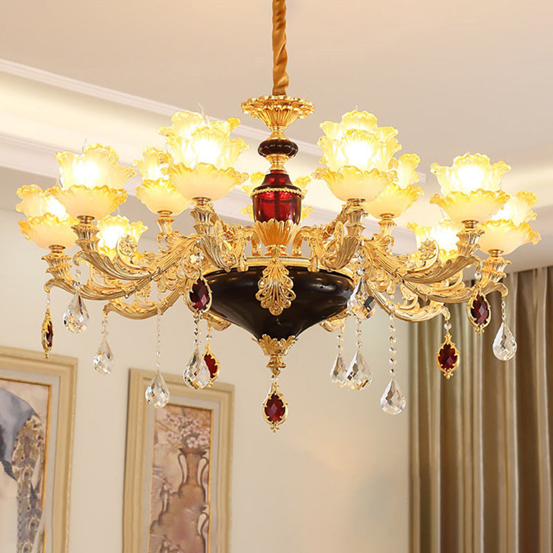 Ruffled Floral Ceiling Glass Chandelier With Crystal Accent - Traditional Lighting Fixture