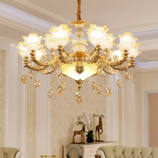 Ruffled Floral Ceiling Glass Chandelier With Crystal Accent - Traditional Lighting Fixture