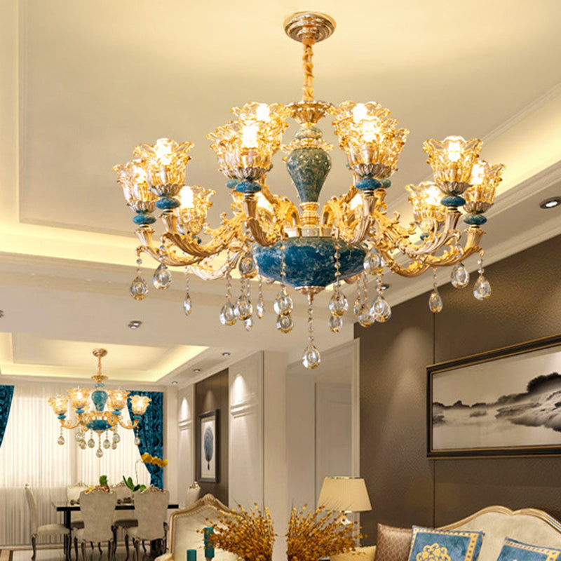 Vintage Glass Chandelier Pendant Light With Flared Ruffle Design And Hanging Crystal In Gold -