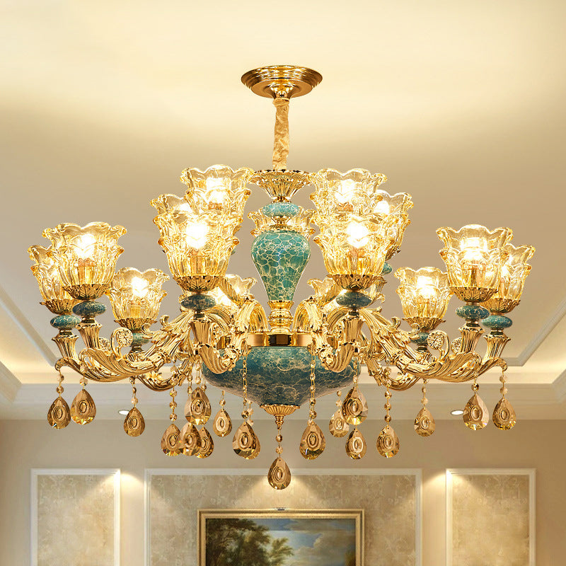 Vintage Glass Chandelier Pendant Light With Flared Ruffle Design And Hanging Crystal In Gold -