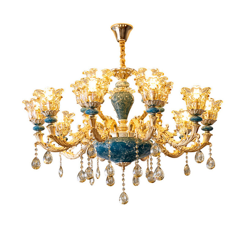 Vintage Glass Chandelier Pendant Light With Flared Ruffle Design And Hanging Crystal In Gold -