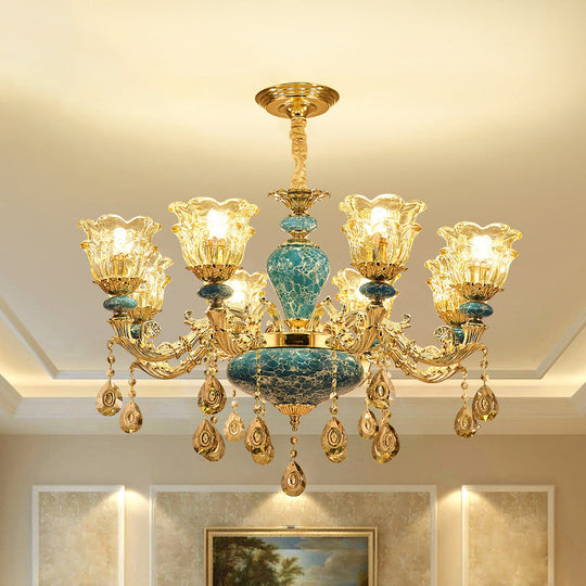 Vintage Glass Chandelier Pendant Light With Flared Ruffle Design And Hanging Crystal In Gold -