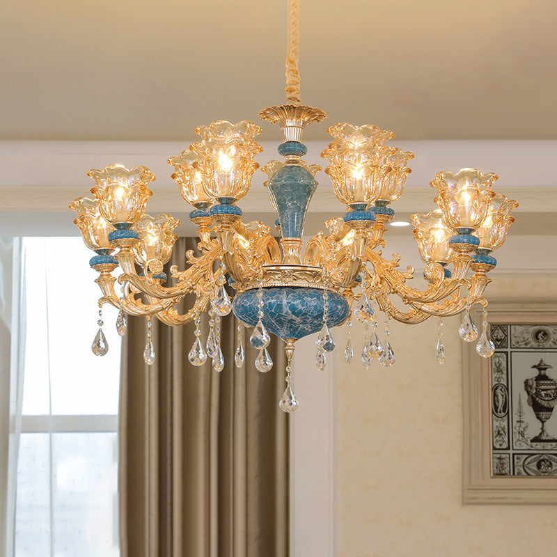 Ruffled Edge Gold Pendant Light With Crystal Draping - Retro Handblown Glass Chandelier For Living