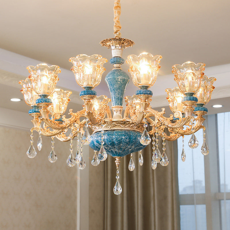 Ruffled Edge Gold Pendant Light With Crystal Draping - Retro Handblown Glass Chandelier For Living