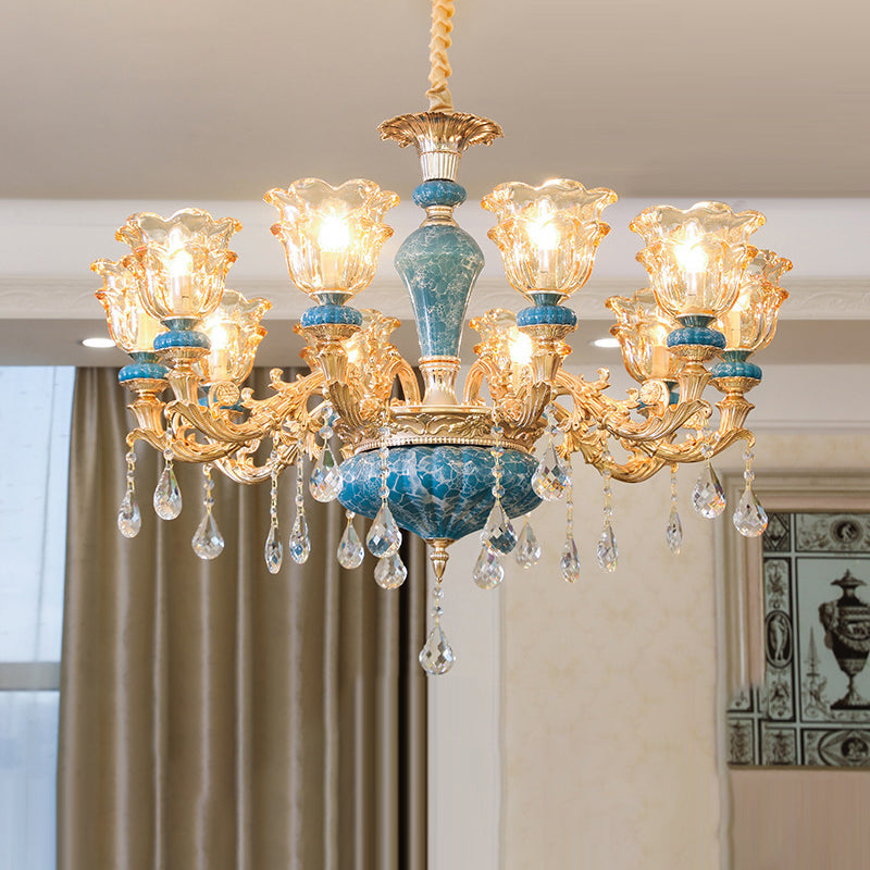 Ruffled Edge Gold Pendant Light With Crystal Draping - Retro Handblown Glass Chandelier For Living