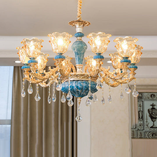 Ruffled Edge Gold Pendant Light With Crystal Draping - Retro Handblown Glass Chandelier For Living