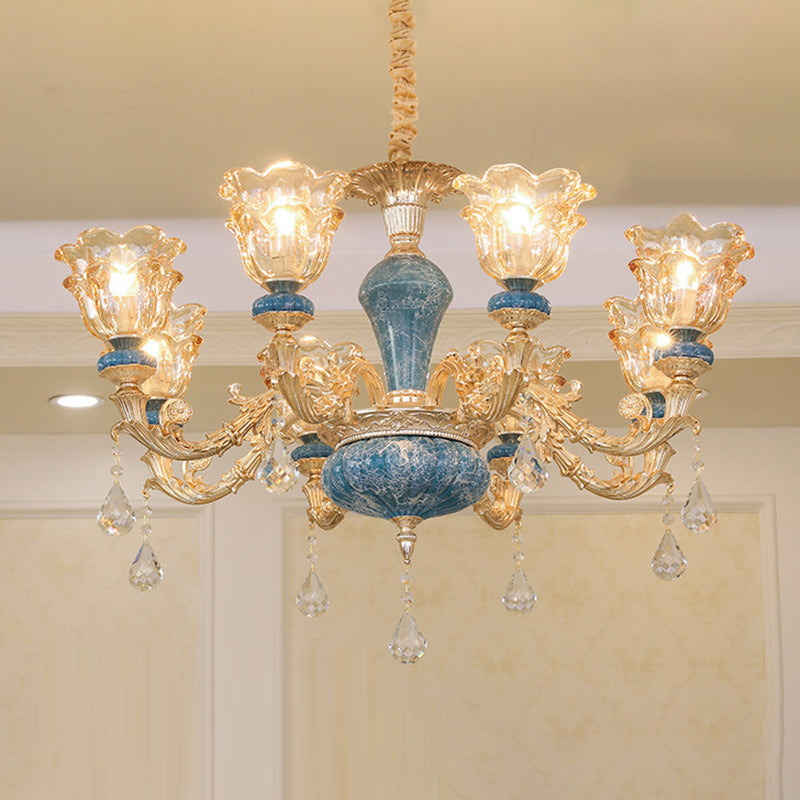 Ruffled Edge Gold Pendant Light With Crystal Draping - Retro Handblown Glass Chandelier For Living