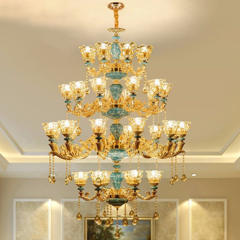 Ruffled Edge Gold Pendant Light With Crystal Draping - Retro Handblown Glass Chandelier For Living