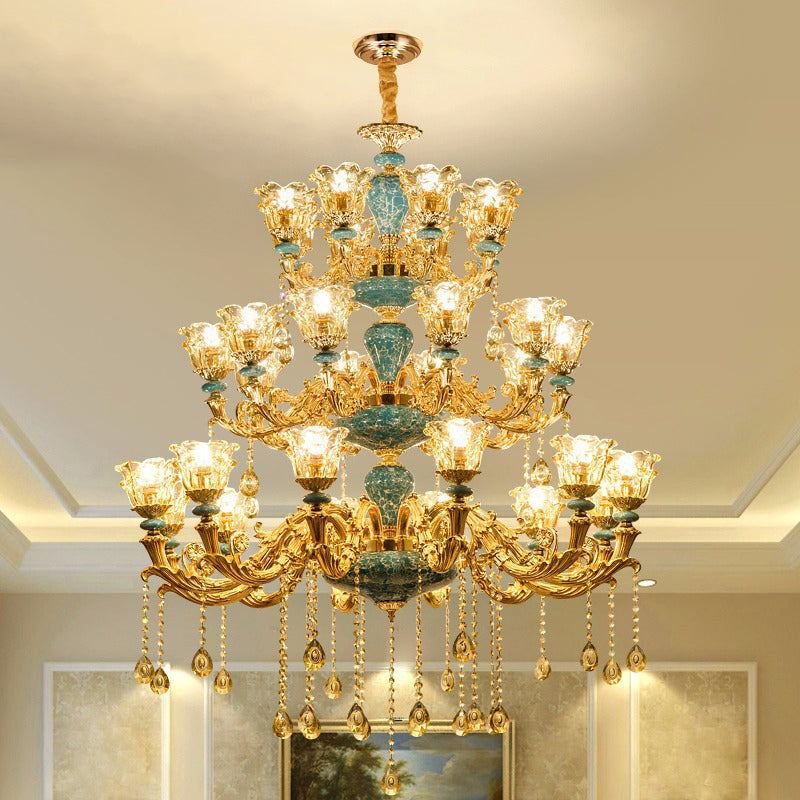 Ruffled Edge Gold Pendant Light With Crystal Draping - Retro Handblown Glass Chandelier For Living