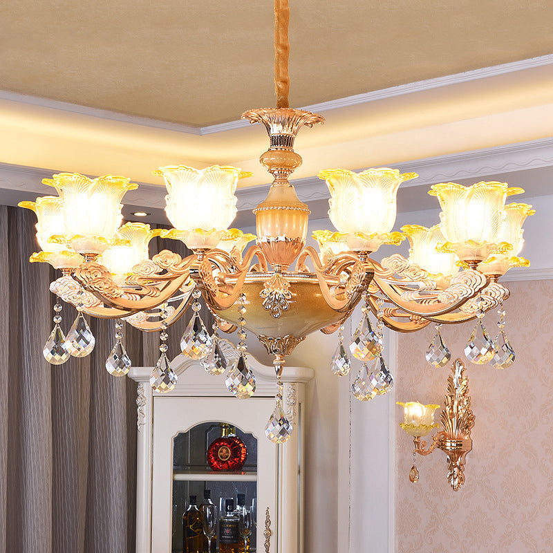 Retro Style Glass Floral Chandelier With Crystal Accents - Perfect For Living Room Suspension