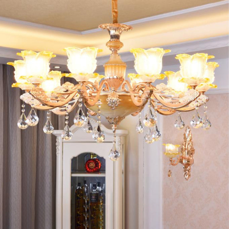 Retro Style Glass Floral Chandelier With Crystal Accents - Perfect For Living Room Suspension