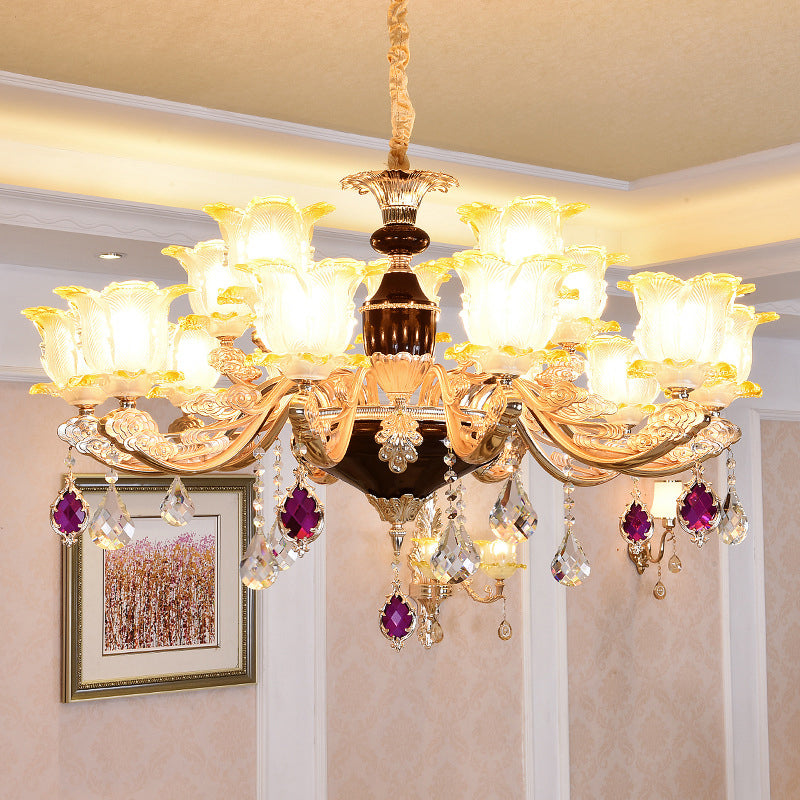 Retro Style Glass Floral Chandelier With Crystal Accents - Perfect For Living Room Suspension