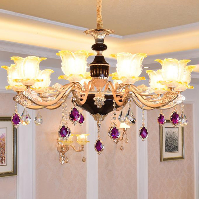 Retro Style Glass Floral Chandelier With Crystal Accents - Perfect For Living Room Suspension