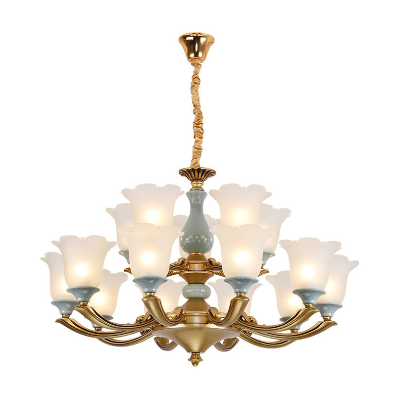 Flared Blue Frosted Glass Chandelier Pendant Light For Living Room With Ruffled Edge