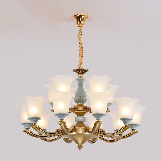 Flared Blue Frosted Glass Chandelier Pendant Light For Living Room With Ruffled Edge