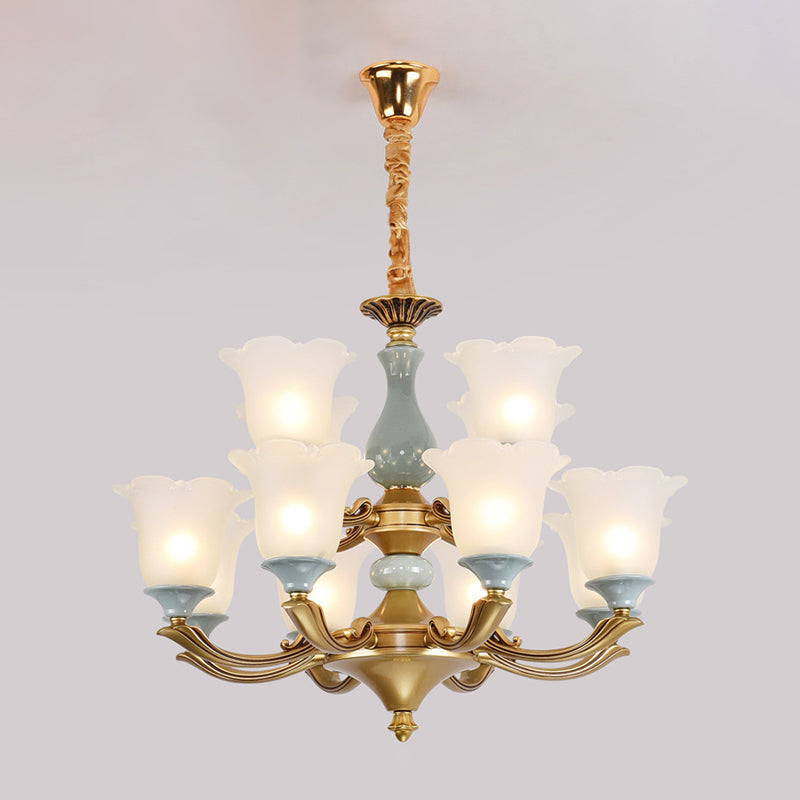 Flared Blue Frosted Glass Chandelier Pendant Light For Living Room With Ruffled Edge