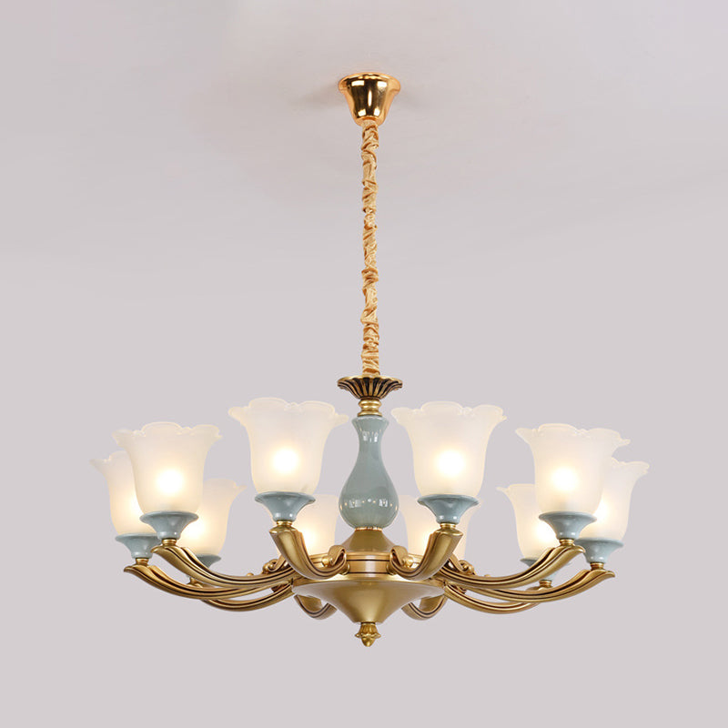 Flared Blue Frosted Glass Chandelier Pendant Light For Living Room With Ruffled Edge 10 /