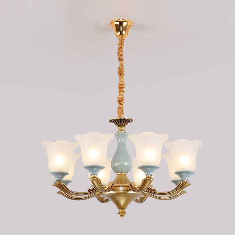 Flared Blue Frosted Glass Chandelier Pendant Light For Living Room With Ruffled Edge