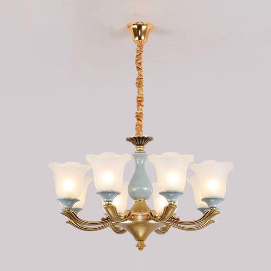 Flared Blue Frosted Glass Chandelier Pendant Light For Living Room With Ruffled Edge