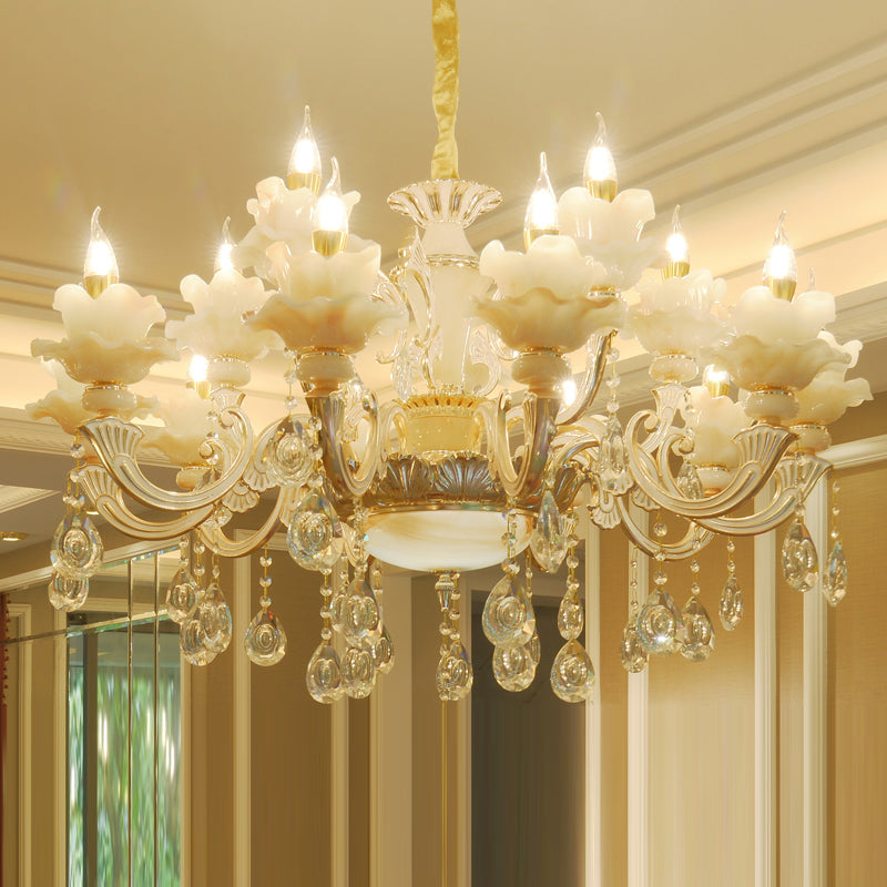 Elegant Gold Floral Ruffle Ceiling Lighting: Traditional Jade Chandelier With Crystal Draping For