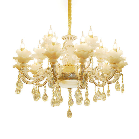 Elegant Gold Floral Ruffle Ceiling Lighting: Traditional Jade Chandelier With Crystal Draping For