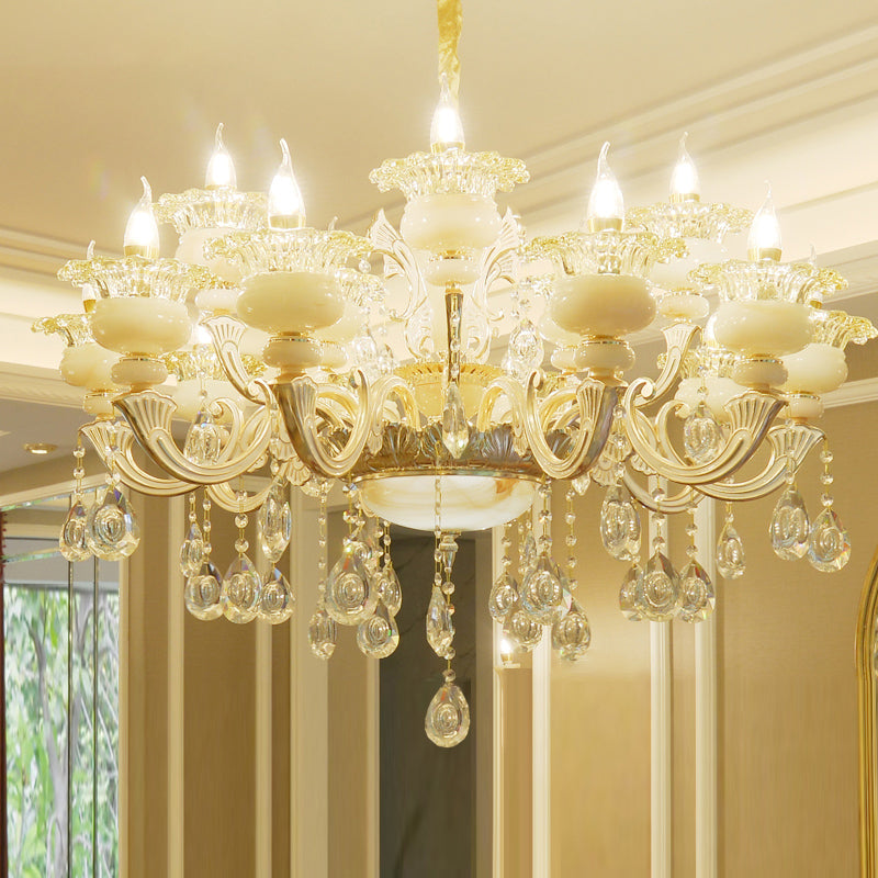 Elegant Gold Floral Ruffle Ceiling Lighting: Traditional Jade Chandelier With Crystal Draping For